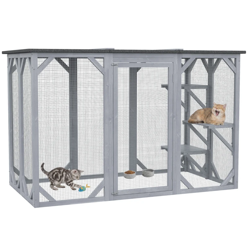 PawHut 44.1" H Cat Cage, Indoor Outdoor Wooden Enclosure Pet House, Small Animal Cage Hutch, Suitable for Rabbit, Dogs, Kitten, Crate Kennel with Waterproof Roof, Multi-Level Platforms, Lock, Grey