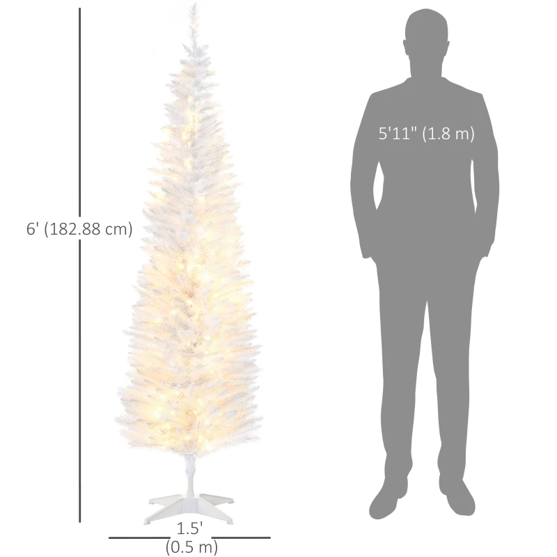 HOMCOM 6' Pre Lit Artificial Pencil Christmas Trees, Xmas Tree with Realistic Branches and Warm White LED Lights, White