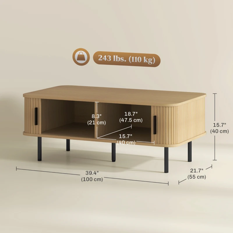 HOMCOM Coffee Table with Storage, Nordic Side Table with Fluted Tambour Sliding Doors and Steel Legs for Living Room, Oak