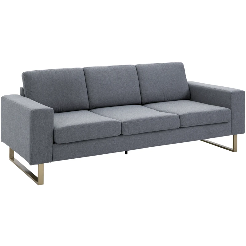 HOMCOM 3 Seater Sofa, Linen Upholstered Cozy Padded Couch with Steel Leg, Backrest and Wide Armrest, for Living room, Bedroom, Dark Grey