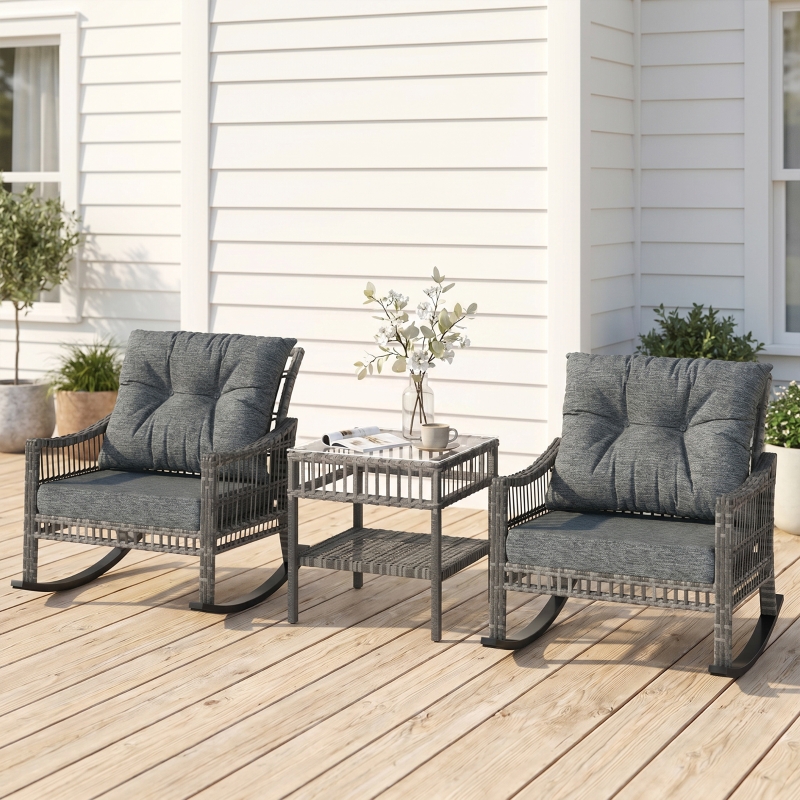 Outsunny 3 Piece Outdoor PE Rattan Rocker Chair Set, Rocking Chair with Tempered Glass Table Top, Gray