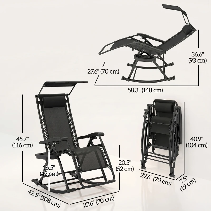 Outsunny 2 in 1 Adjustable Zero Gravity Reclining Lounge Chair Garden Recliner and Rocker Foldable Sun Lounger Napping Seat w/ Headrest & Tray Black