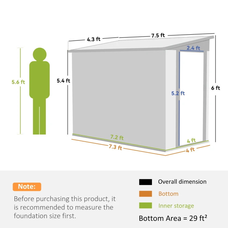 Outsunny 4' x 8' Lean to Garden Storage Shed, Outdoor Metal Tool House with Lockable Door Vents for Backyard Patio Lawn, Light Gray