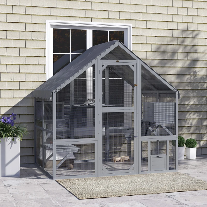 PawHut Wooden Catio Outdoor Cat Enclosure with Waterproof Cover, 2 Condos, 4 Platforms, Bridge, Doors, Gray