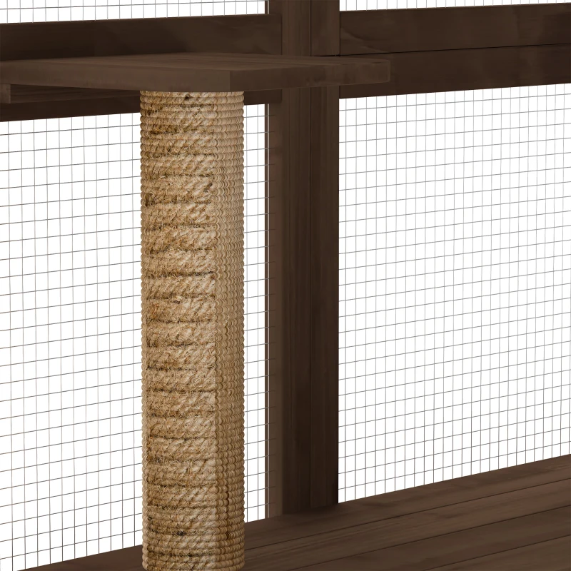 PawHut Large Outdoor Catio with Condos, Platforms, Doors, Ladders, Weather-Resistant Roof, Espresso