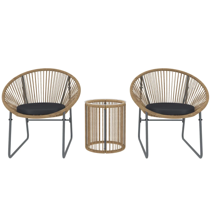 Outsunny Outdoor Bistro Set, 3 Piece Wicker Patio Furniture Set with 2 Chairs and Glass-Top Table, Natural Wood