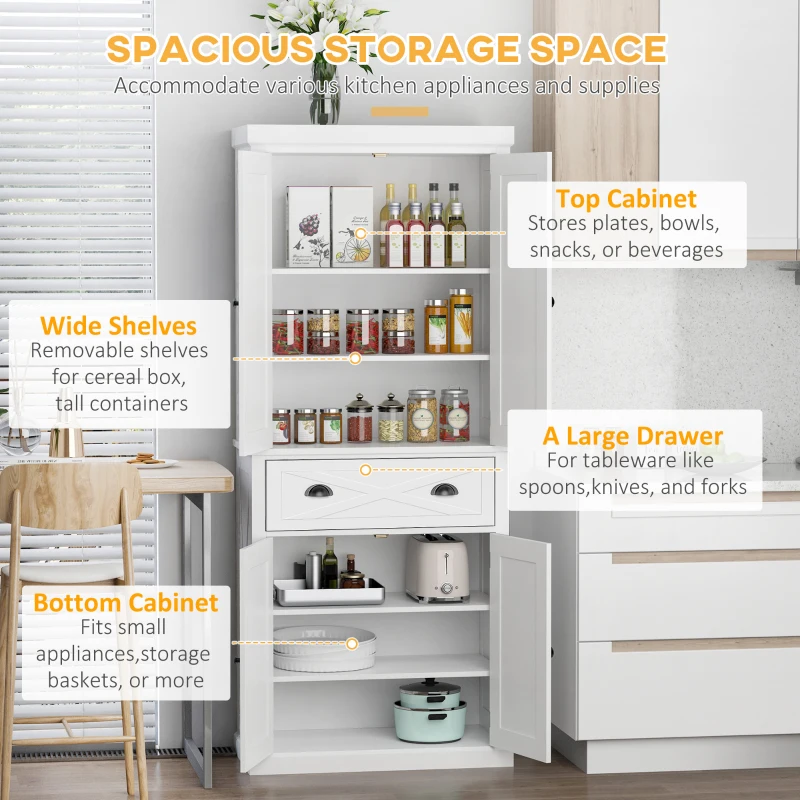 HOMCOM 72" Kitchen Pantry Storage Cabinet, Traditional Freestanding Pantry Cabinet with 4 Doors and 2 Adjustable Shelves, Large Central Drawer, X-Frame, White