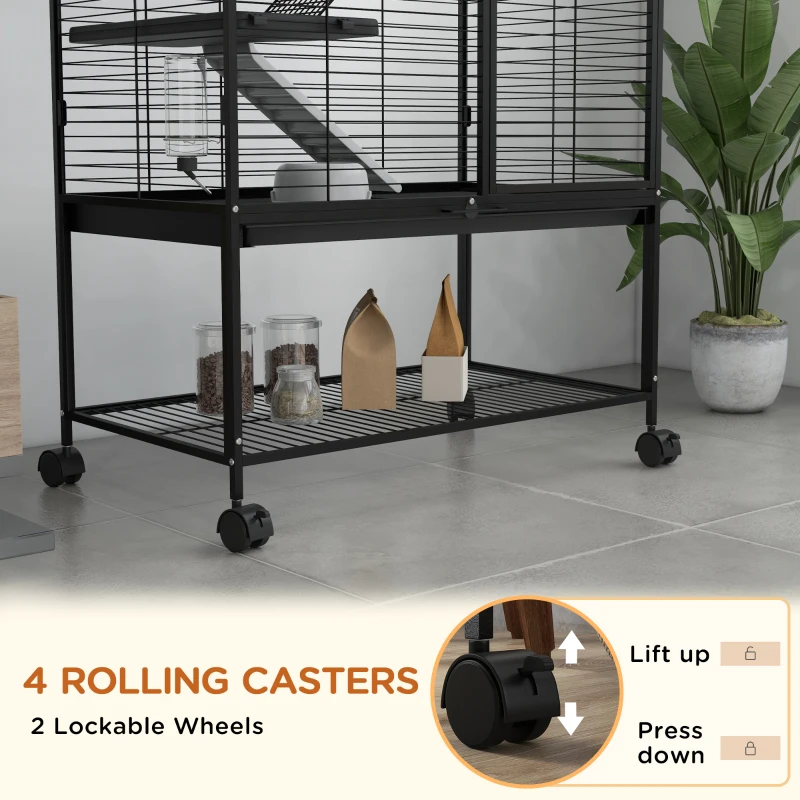 PawHut Rolling Small Animal Cage 54"H Chinchilla Cage for Ferrets, Squirrels w/ Removable Tray, Storage Shelf, Black