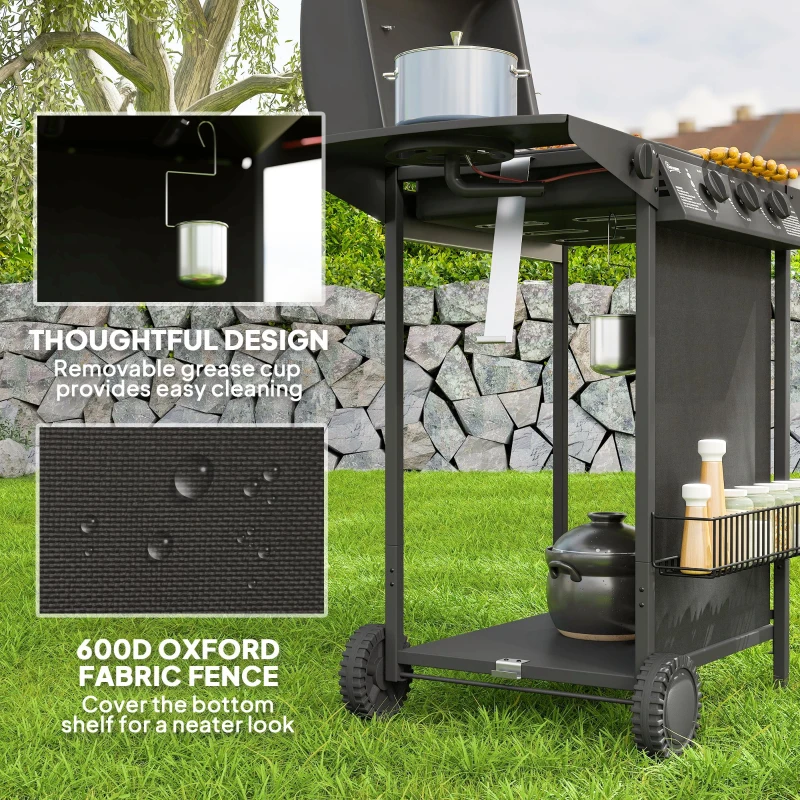 Outsunny 3+1 Burner Propane Gas BBQ Grill, Portable Gas Barbecue Grill with Side Burner, Thermometer, Lid, Side Table, Shelf, Spice Rack, Wheels, Grease Cup for Garden, Black