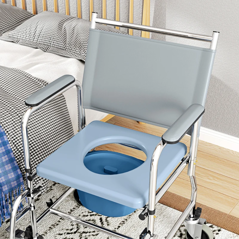 HOMCOM Rolling Shower Chair, Bedside Commode Wheelchair with Padded Seat, Backrest, for Seniors, Disabled, 300 lbs, Black