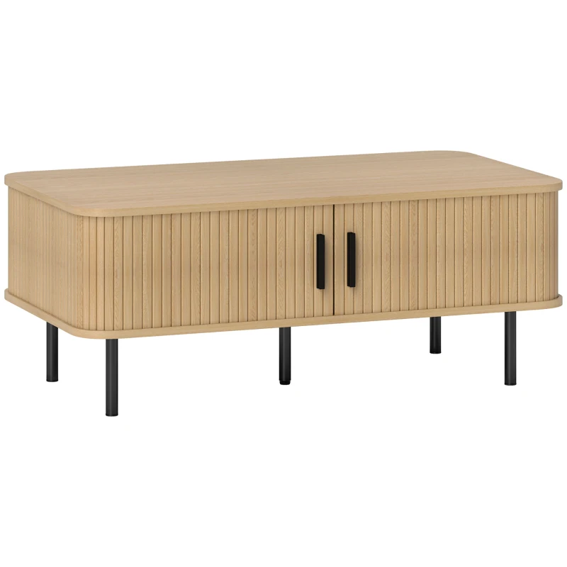 HOMCOM Coffee Table with Storage, Nordic Side Table with Fluted Tambour Sliding Doors and Steel Legs for Living Room, Oak