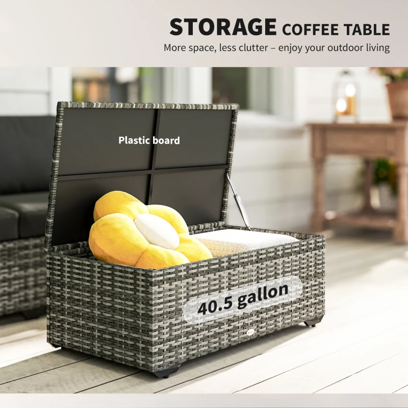 Outsunny Patio Furniture Set, Cushions, Sofa, Loveseat, Storage Table, Gray