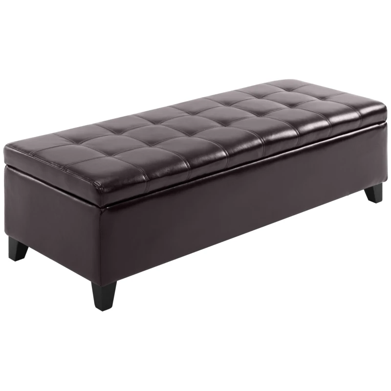HOMCOM Storage Ottoman Bench, Foot Rest with Solid Wood Legs, 51 Inches PU Leather Storage Chest for Living Room, Brown