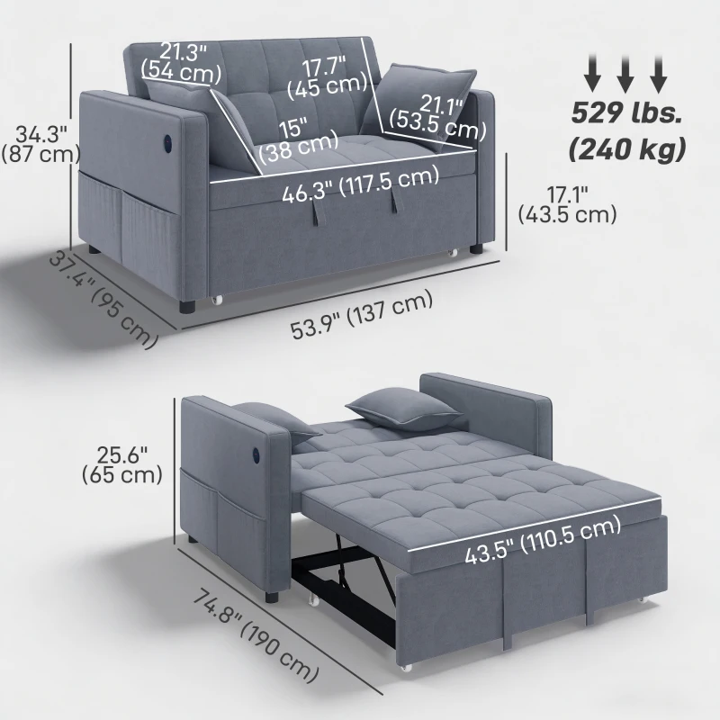 HOMCOM 3‑in‑1 Convertible Sofa Bed, Pull Out Sleeper Sofa with USB Charging, Adjustable Backrest, Side Pockets, Dark Grey