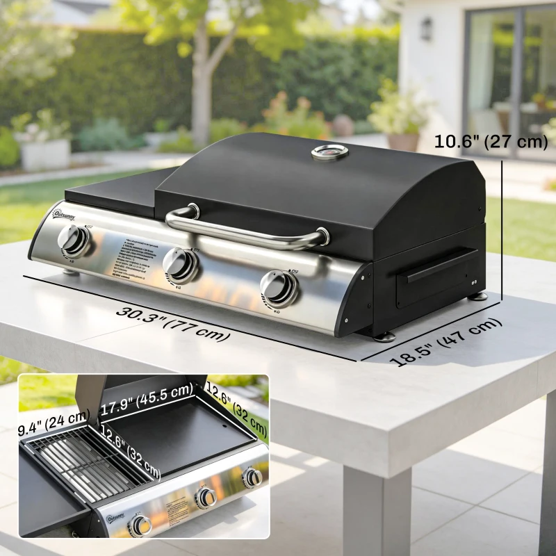 Outsunny 3 Burner Portable Propane Gas Grill Griddle, Tabletop Grill & Griddle Combo with Adjustable Foot Pads, 28,500 BTU, Black