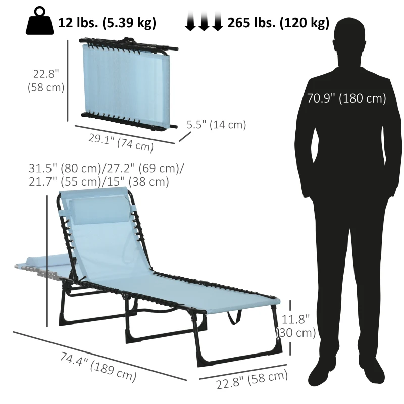 Outsunny Outdoor Folding Lounge Chair, 4-Level Adjustable Chaise Lounge with Headrest, Tanning Chair Beach Bed, Reclining Lounger Cot for Camping, Hiking, Backyard, Light Blue