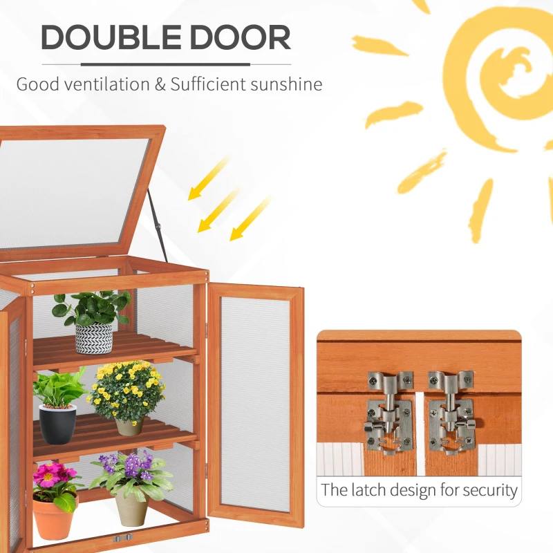 Outsunny Wooden 2 Tier Cold Frame Greenhouse Polycarbonate Plant Grow House Portable Garden, 22.8" x 17.3" x 30.7", Orange