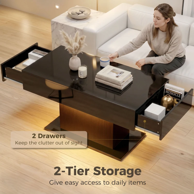 HOMCOM LED Coffee Table with Storage, High Gloss Modern Center Table with 2 Drawers and Remote Control for Living Room, Black