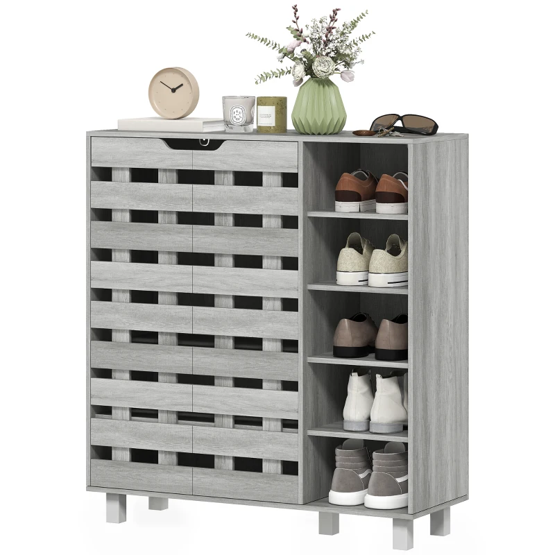 HOMCOM Shoe Cabinet, 21 Pair Shoe Storage Cabinet Organizer with 5-tier Double Door Cabinet and 5-tier Open Shelves, Light Grey