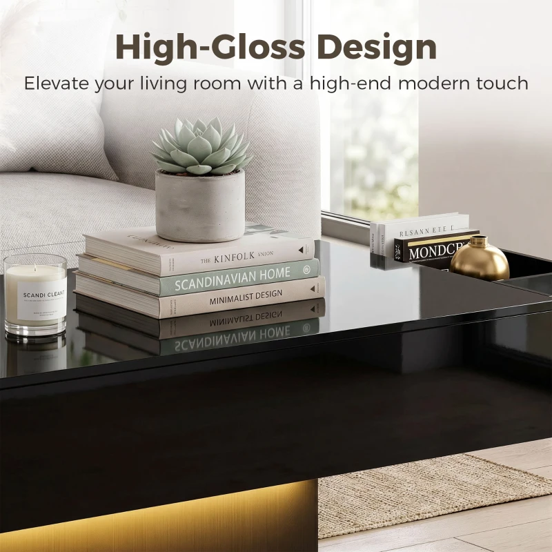 HOMCOM LED Coffee Table with Storage, High Gloss Modern Center Table with 2 Drawers and Remote Control for Living Room, Black