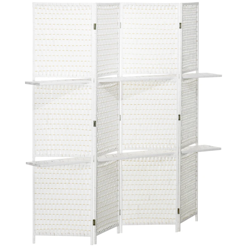 HOMCOM 4 Panel Room Divider with Shelves, 6 FT Freestanding Folding Privacy Screen, Partition Wall Divider for Bedroom, White