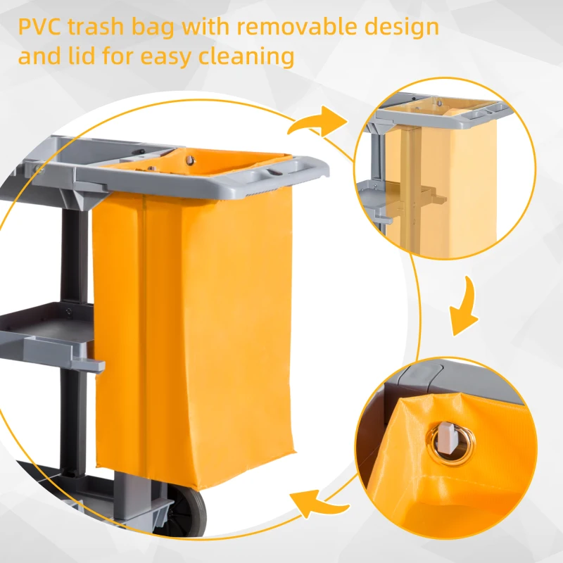 HOMCOM Janitorial Cart with 3 Shelves, Cleaning Cart on Wheels with Rubbish Bag and Mop Holders for Hotel, Housekeeping, Grey