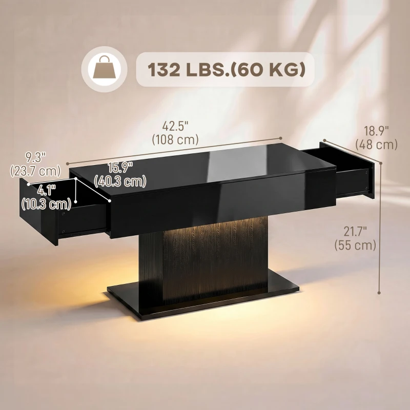HOMCOM LED Coffee Table with Storage, High Gloss Modern Center Table with 2 Drawers and Remote Control for Living Room, Black