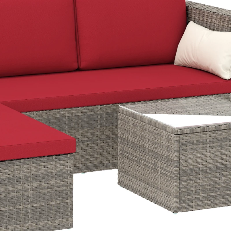Outsunny 3pcs Modern Rattan Sofa Set, Wicker Patio Furniture Set with Coffee Table, Cushions, Pillows
