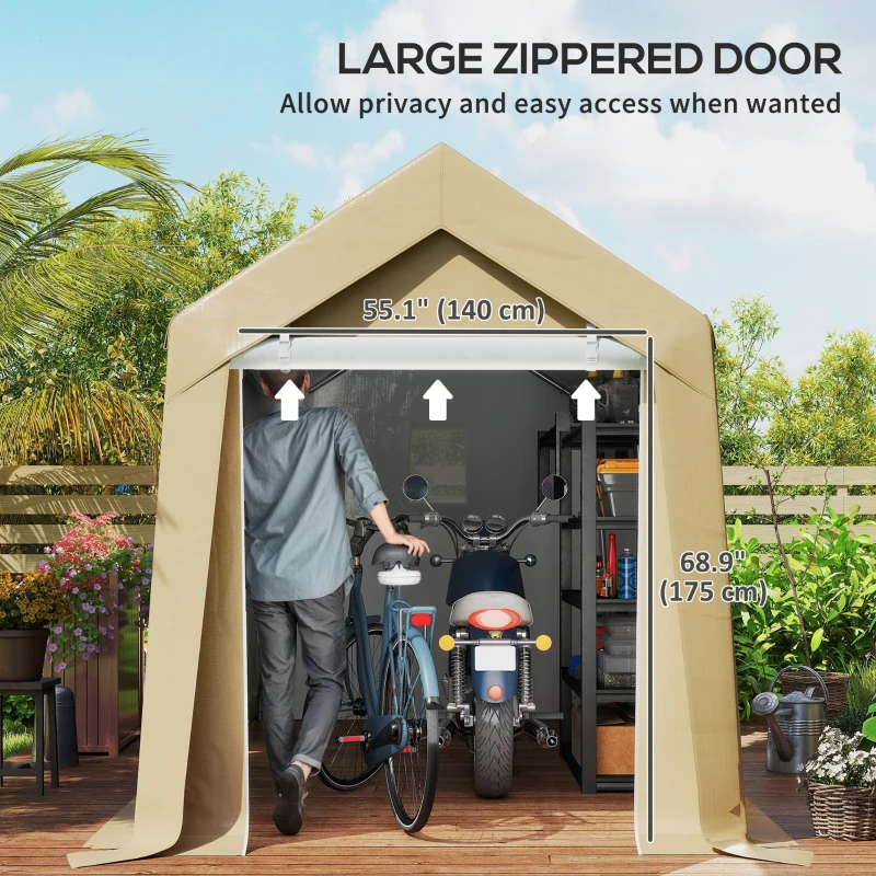 Outsunny 7' x 12' Outdoor Storage Shed Portable Garage with Roll-up Door for Motorcycle, Bike, Garden Tools, Beige