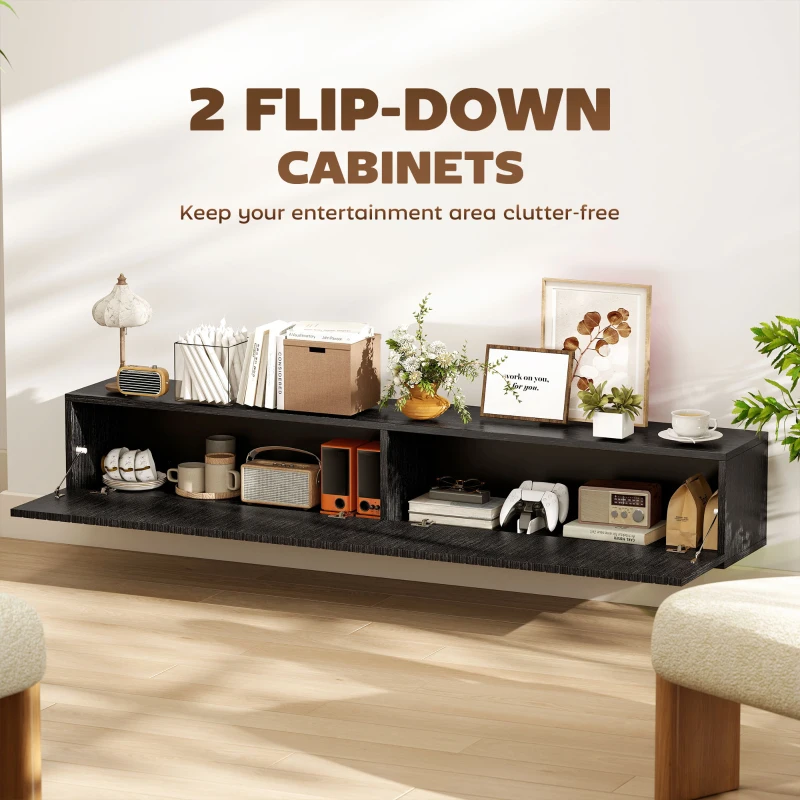 HOMCOM 55" Floating TV Stand for TVs up to 72 Inch, Wall Mount Media Console with 2 Fluted Flip-Down Doors, Cable Hole, Black