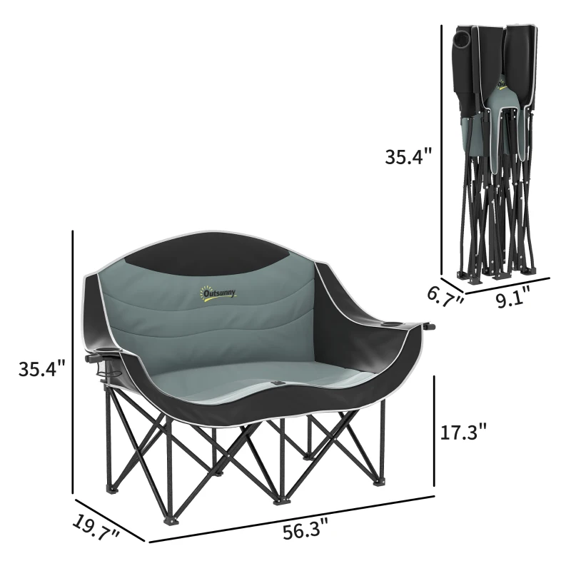 Outsunny Padded Folding Camp Chair for Adults, Double Camping Chair with Armrests, Cup Holders, Carry Bag for Outdoor, Black