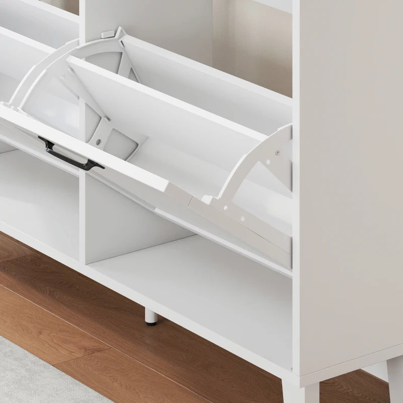 HOMCOM Shoe Cabinet with 4 Flip Drawers, Freestanding Narrow Shoe Storage Cabinet with Adjustable Shelves, Open Back, White
