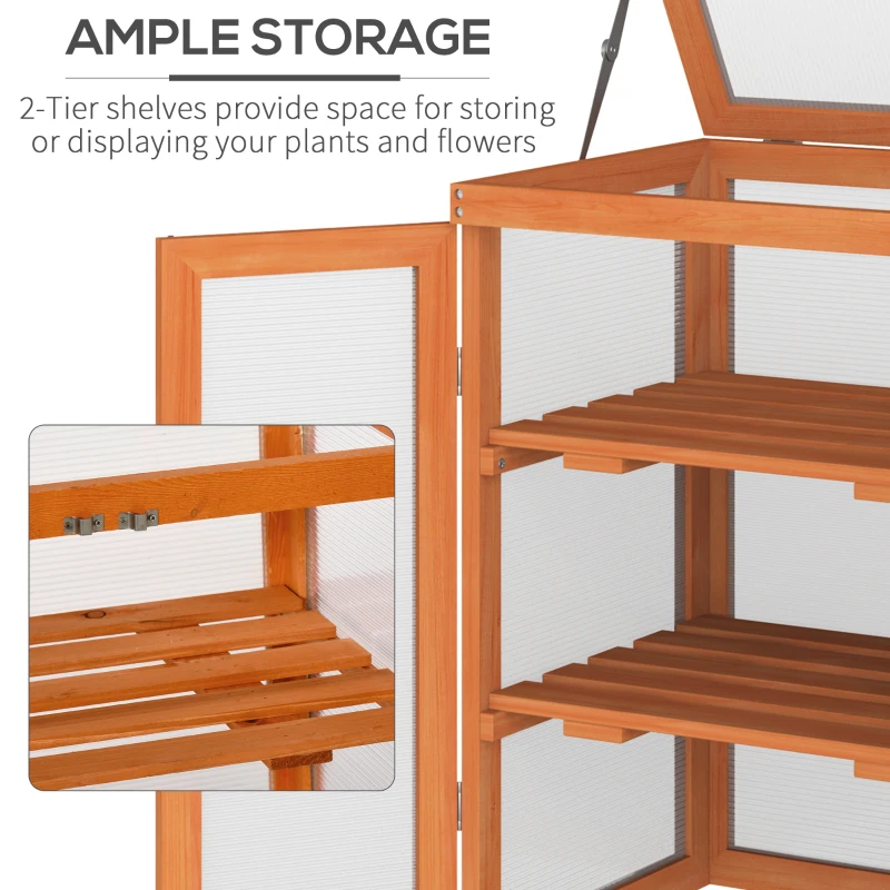 Outsunny Wooden 2 Tier Cold Frame Greenhouse Polycarbonate Plant Grow House Portable Garden, 22.8" x 17.3" x 30.7", Orange