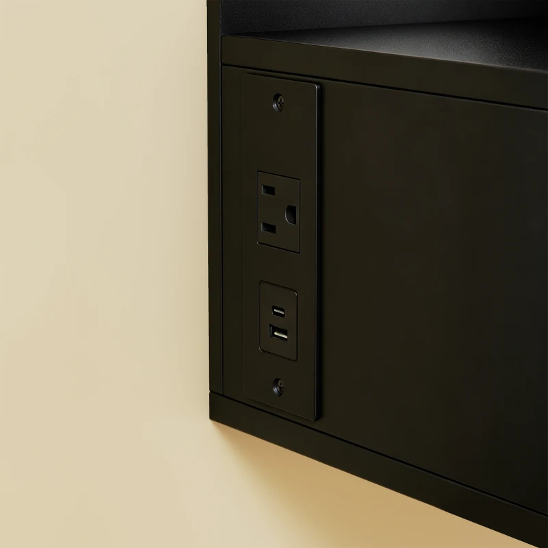 HOMCOM Floating Nightstand Set of 2, Wall Mounted Bedside Table with with Power Outlets, Drawer and Shelf, Black