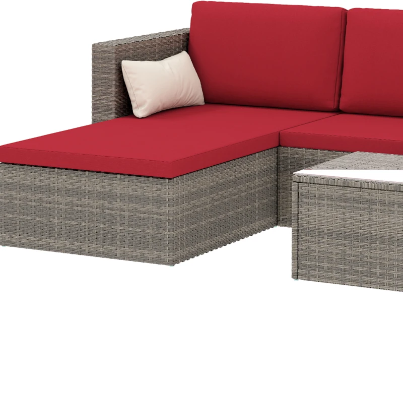 Outsunny 3pcs Modern Rattan Sofa Set, Wicker Patio Furniture Set with Coffee Table, Cushions, Pillows