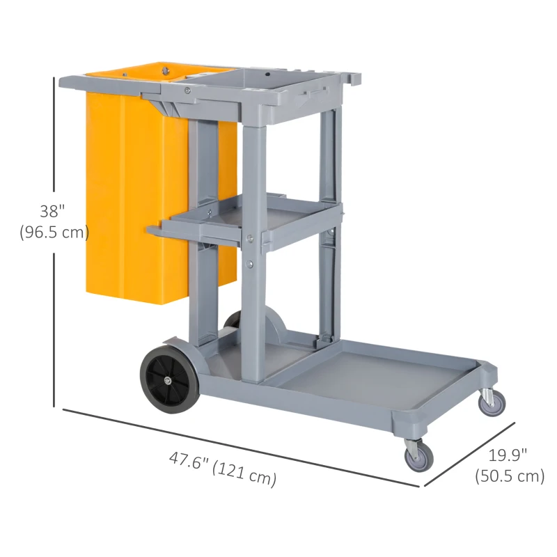 HOMCOM Janitorial Cart with 3 Shelves, Cleaning Cart on Wheels with Rubbish Bag and Mop Holders for Hotel, Housekeeping, Grey