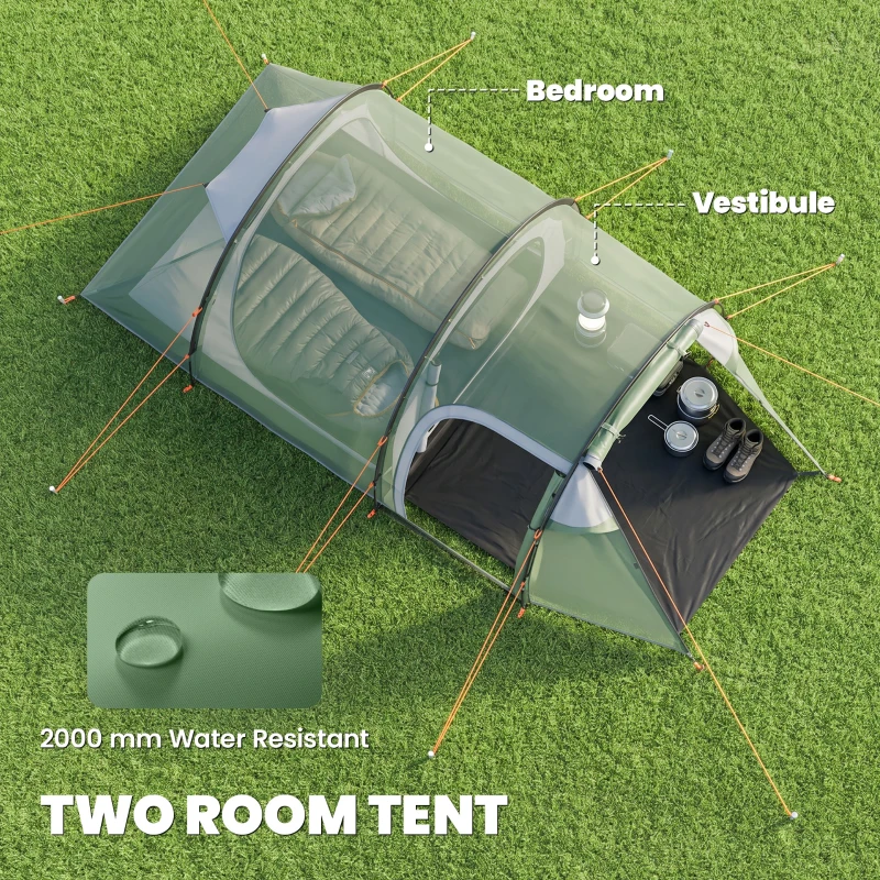 Outsunny Pop Up Camping Tent with Vestibule Waterproof Tent for 2-3 Person, Dark Green