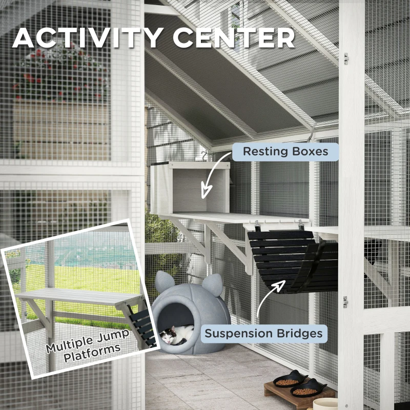 PawHut Wooden Catio Outdoor Cat Enclosure with Waterproof Cover, 2 Condos, 6 Platforms, Bridge, Doors, White