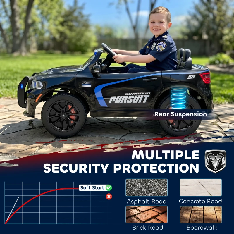 Qaba Licensed Dodge Ride On Police Car for Kids with 2 Seater, Remote, Suspension, Flashing Lights, Siren for Ages 3-6, Black