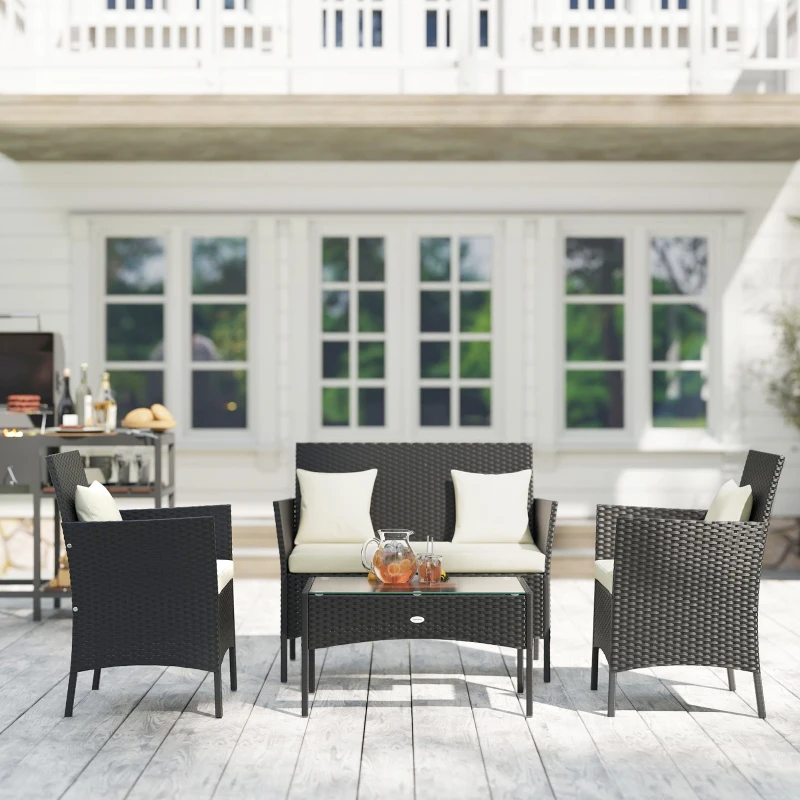 Outsunny 4-Piece Rattan Outdoor Furniture Set Patio Furniture Set with Coffee Table 22.8" W x 21.7" D x 33.5" H Black & Cream
