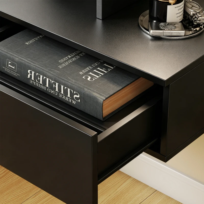 HOMCOM Floating Nightstand Set of 2, Wall Mounted Bedside Table with with Power Outlets, Drawer and Shelf, Black