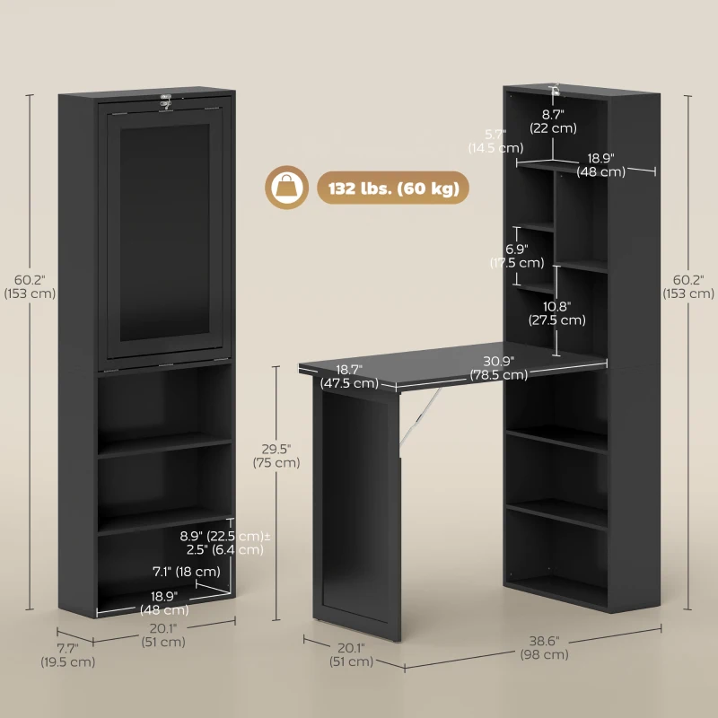 HOMCOM Fold-out Convertible Office Desk, Wall Mount Computer Desk with Blackboard and Side Shelf, Black