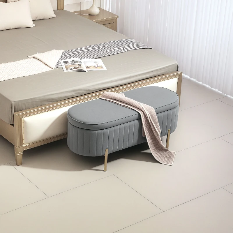 HOMCOM Upholstered Bedroom Bench, Channel Tufted Ottoman Bench with Thick Padding and Metal Legs, Grey