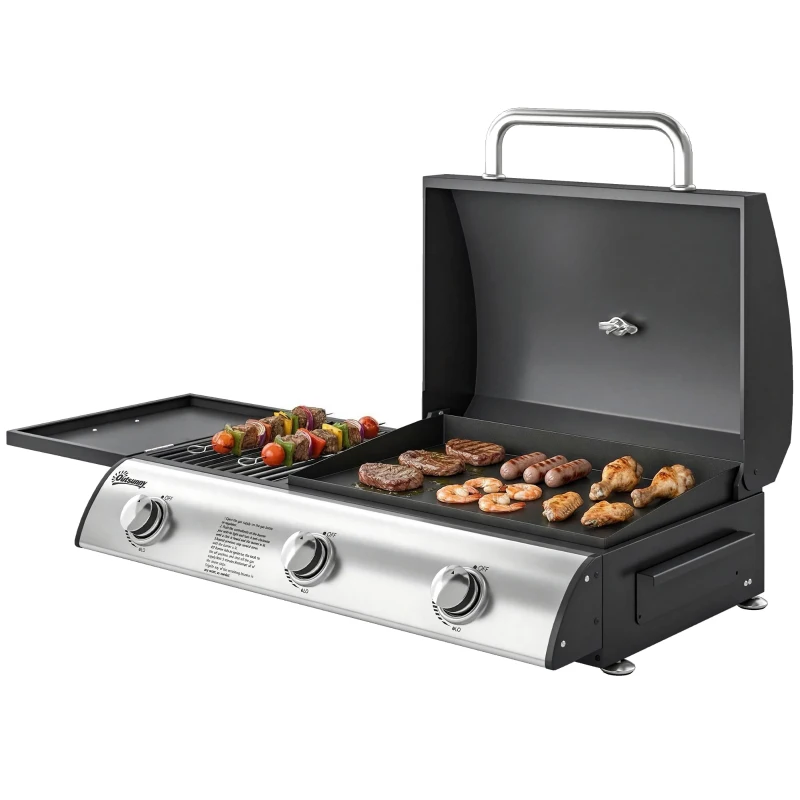 Outsunny 3 Burner Portable Propane Gas Grill Griddle, Tabletop Grill & Griddle Combo with Adjustable Foot Pads, 28,500 BTU, Black