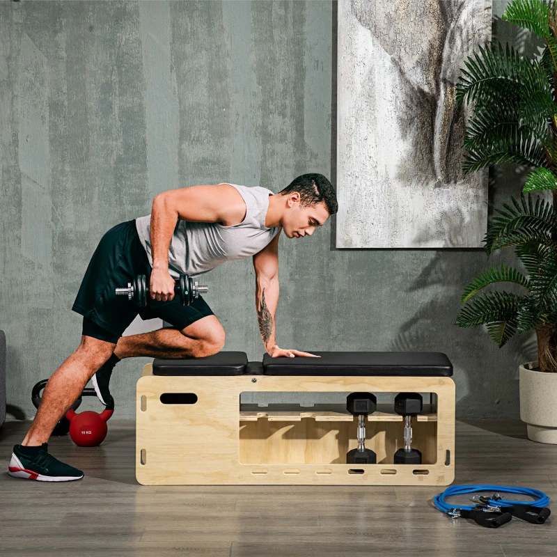 Soozier Wooden Workout Bench with Dumbbell Rack and Resistance Bands, Adjustable Incline Weight Bench for Home Gym