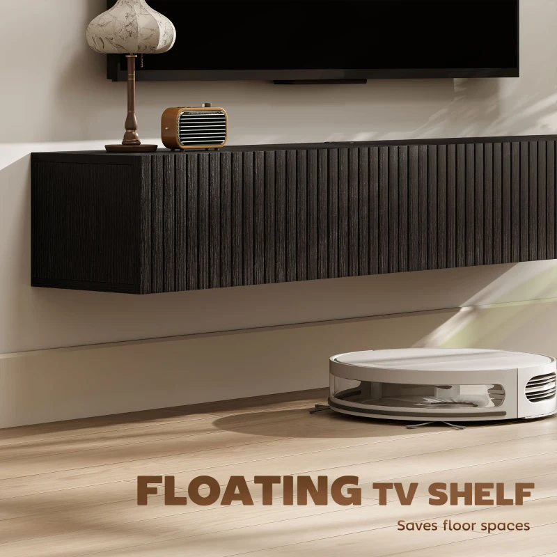 HOMCOM 55" Floating TV Stand for TVs up to 72 Inch, Wall Mount Media Console with 2 Fluted Flip-Down Doors, Cable Hole, Black