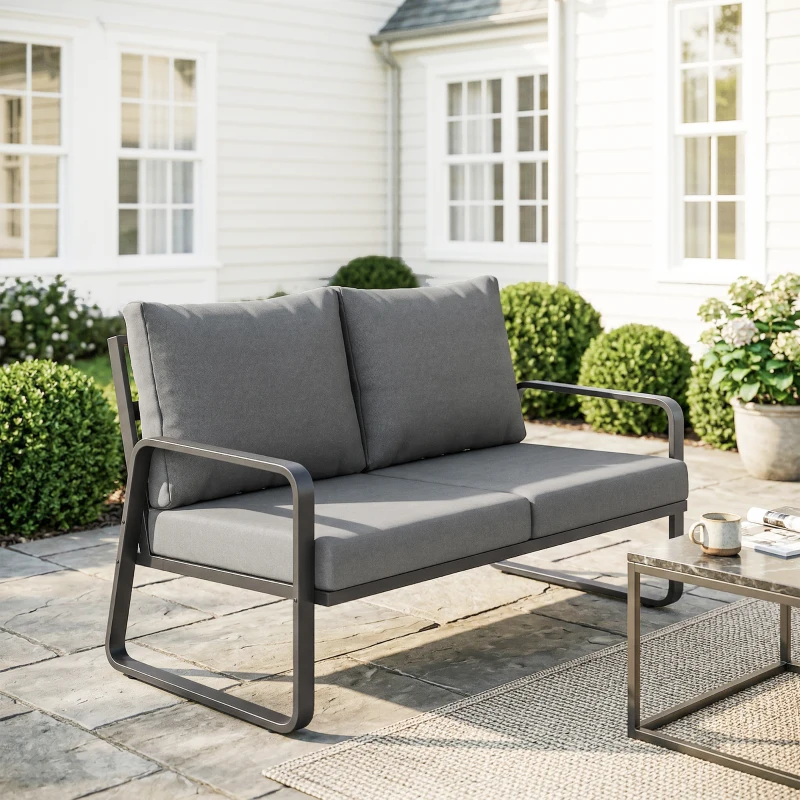 Outsunny Outdoor Sofa Thick Cushions Outdoor Patio Couch Loveseat 2 Seater for Garden Black and Light Grey