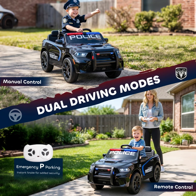 Qaba Licensed Dodge Ride On Police Car for Kids with 2 Seater, Remote, Suspension, Flashing Lights, Siren for Ages 3-6, Black