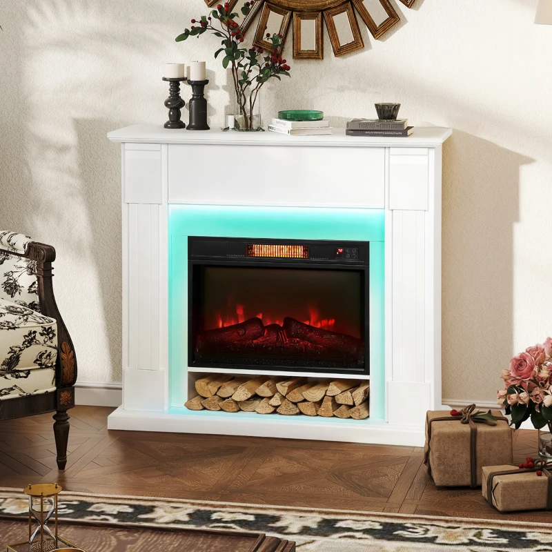 HOMCOM 41 Inch Electric Fireplace with Mantel, 1400W Fireplace Heater with Adjustable 3D Flame Effect for Living Room, White