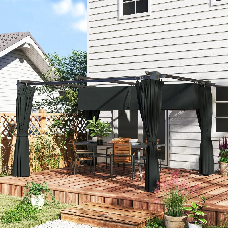 Outsunny 10' x 13' Pergola with Retractable Canopy and Curtains, UPF30+ Sun Shade Shelter for Grill, Garden, Backyard, Deck
